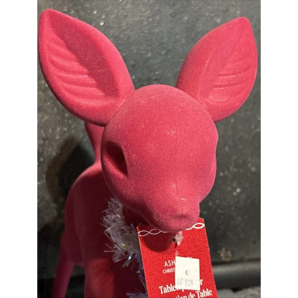NWT Ashland Pink Flocked Tabletop Deer Christmas Holiday 11.5” Velvet Soft Decor